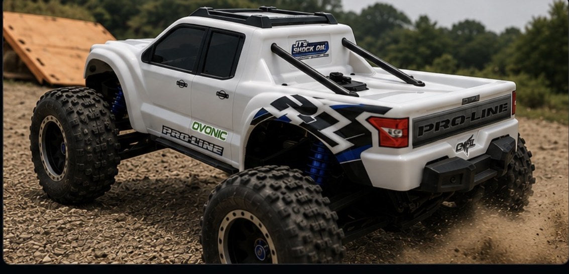 White Pro-Line bodied RC truck on a dirt track